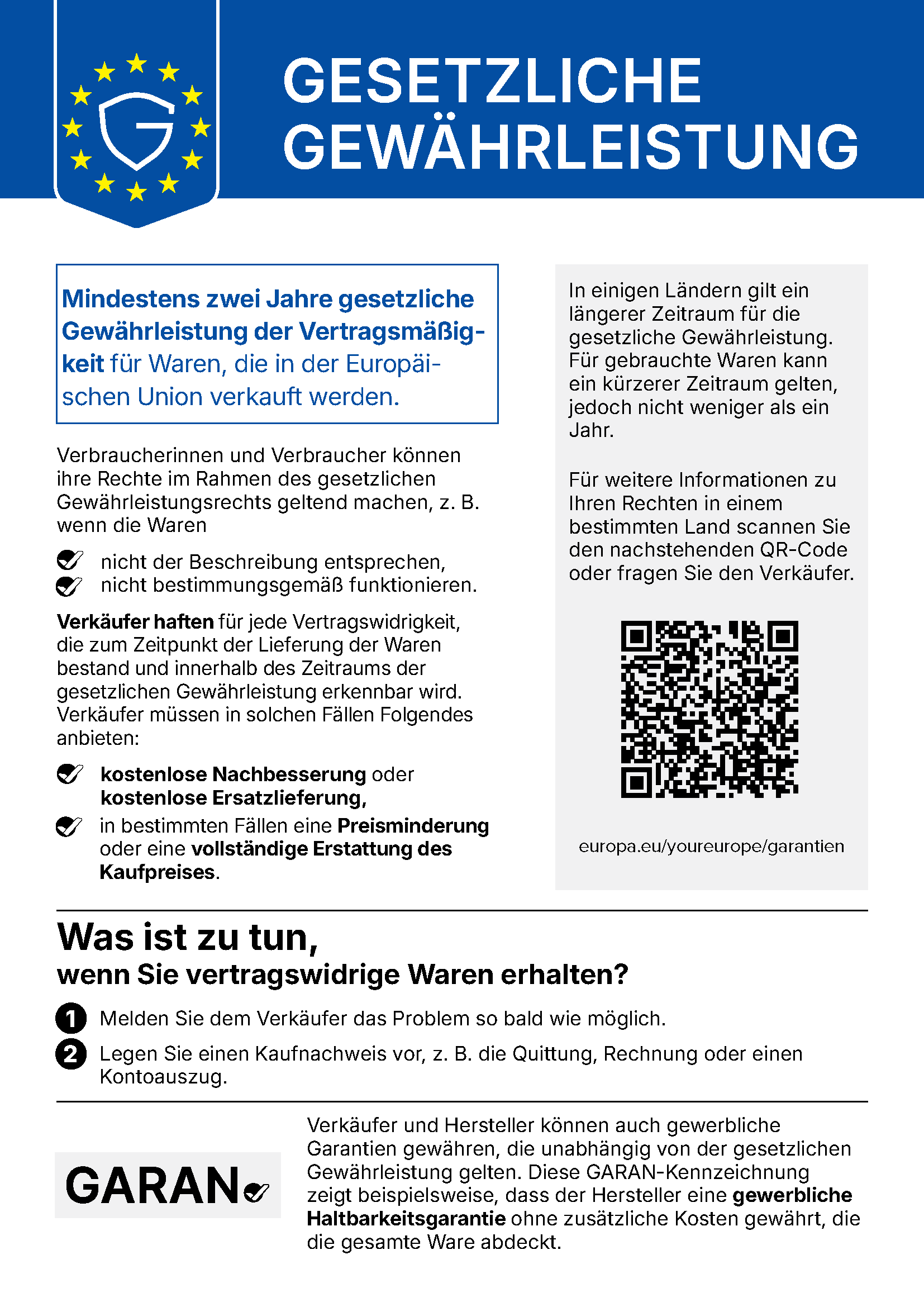 EU-Hinweis „Gesetzliche Gewährleistung“: Für Waren, die in der EU verkauft werden, gilt mindestens zwei Jahre gesetzliche Gewährleistung. Entspricht die Ware nicht der Beschreibung oder funktioniert sie nicht bestimmungsgemäß, muss der Verkäufer kostenlos nachbessern oder Ersatz liefern, in bestimmten Fällen den Preis mindern oder den Kaufpreis erstatten. Weitere Informationen: europa.eu/youreurope/garantien.